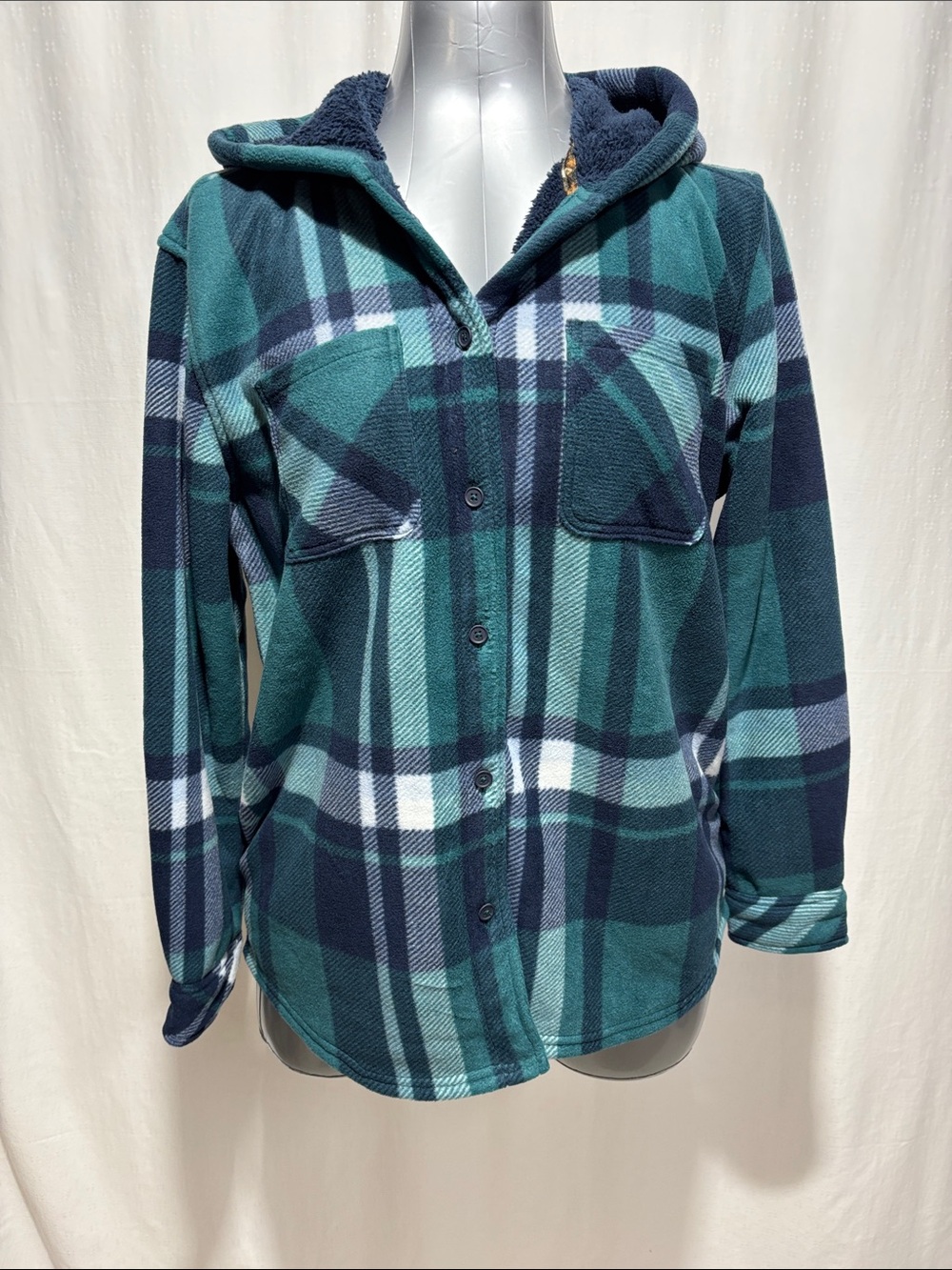 Realtree Teal & Navy Plaid bonded, fleece hoodie jacket 113